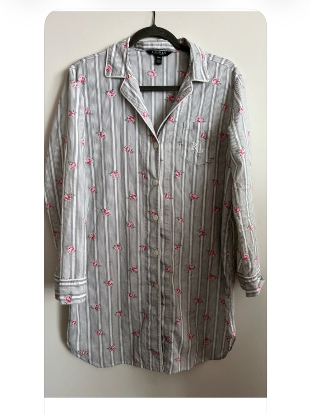 Lauren Ralph Lauren Striped Floral Sleepwear Shirt Dress MEDIUM